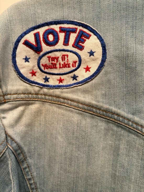 Vintage Denim Jacket Patches vote, cannabis, bowling, motorcycle, Large unisex - Picture 8 of 10